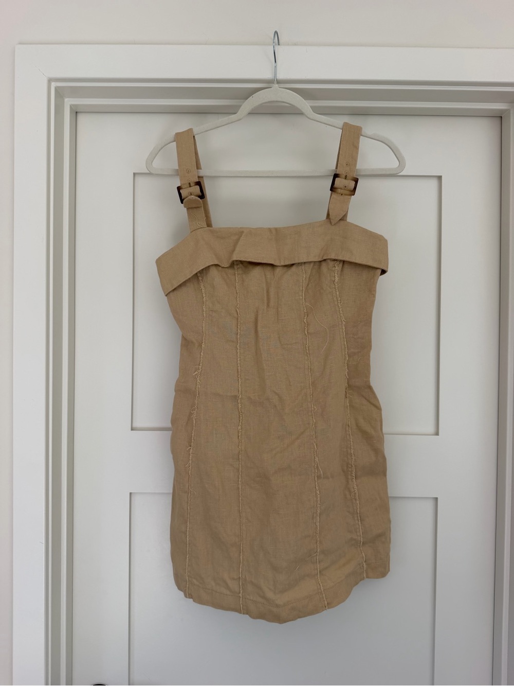 Mango Buckle-Strap Linen Mini Dress in Tan